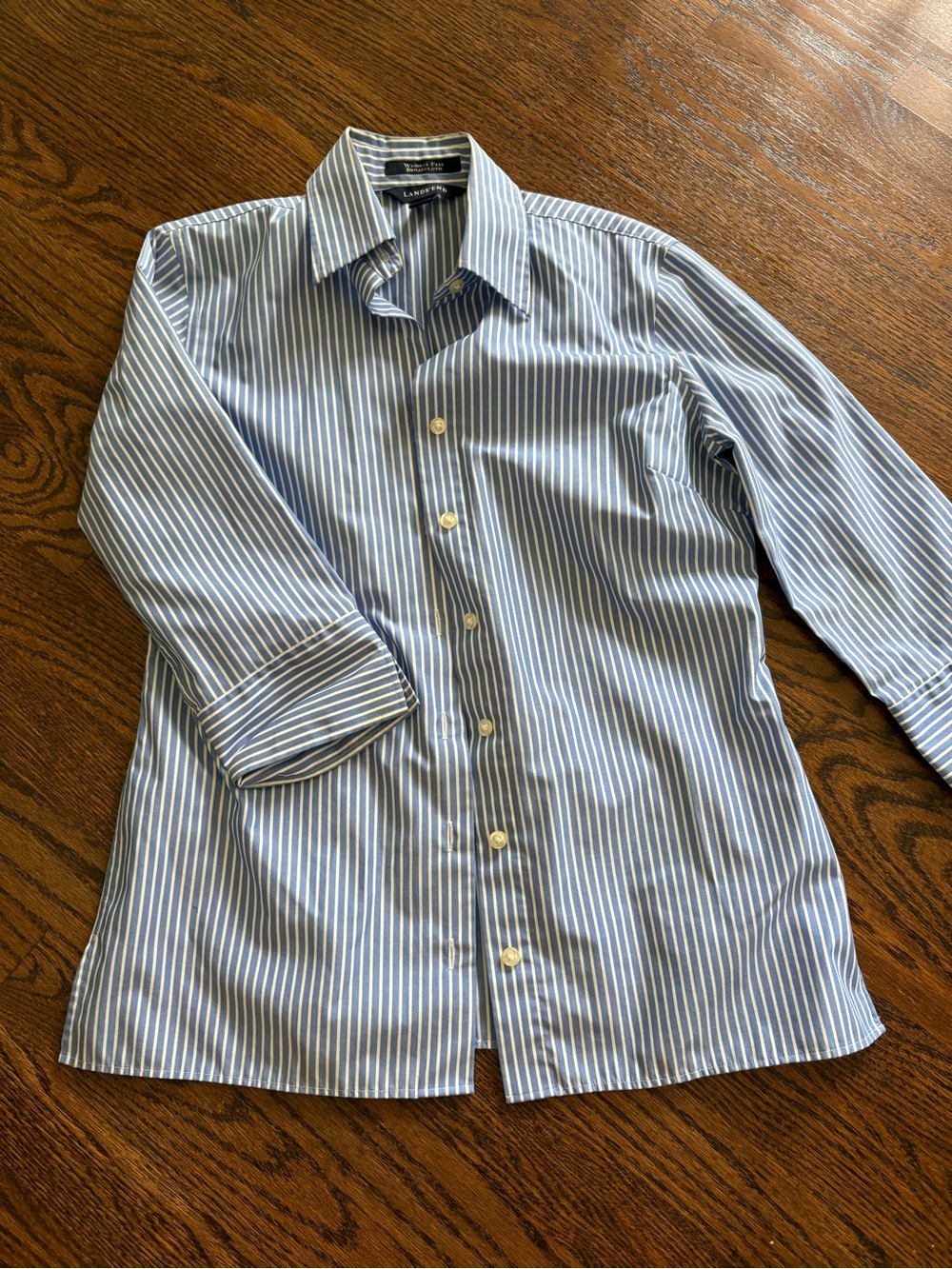 Lands' End Wrinkle-Free Blue and White Striped Dress Shirt, Womens O0P